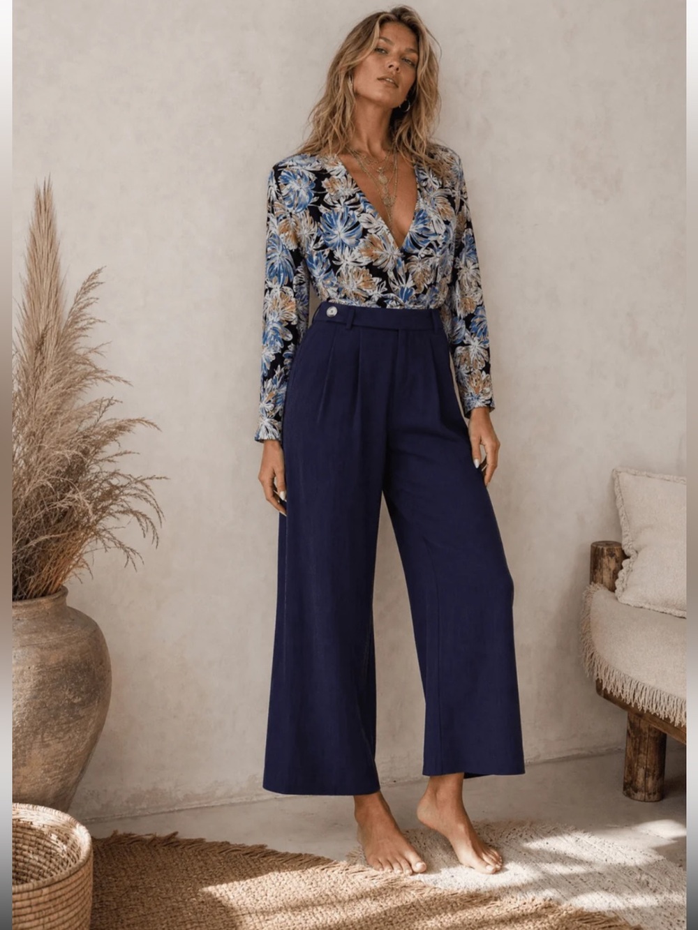 566. Wide Leg Navy Cotton Pants - Classic High Waist